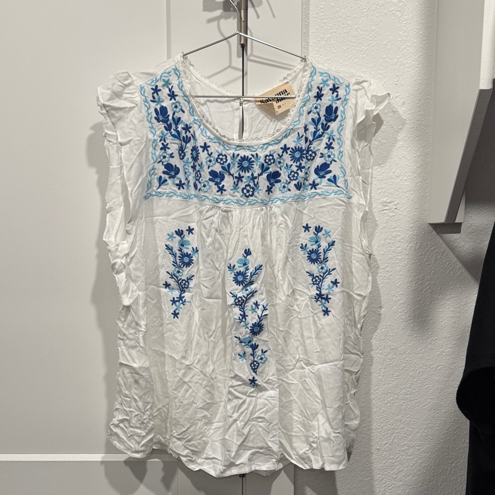 Savanna Jane Ivory Blouse with Azure Embroidery